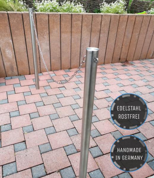Edelstahlpfosten mit Ringösen – ideal zum Verbinden mit Absperrketten in Außenbereichen